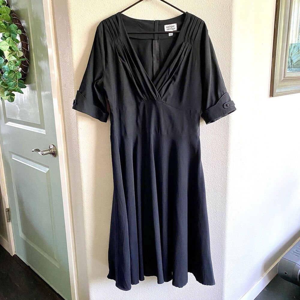 Unique Vintage 1950 Delores Swing Dress w/Button Sleeves - Black - Women's 2X/18